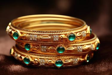 Exquisite Gold Bangles with Green Stones